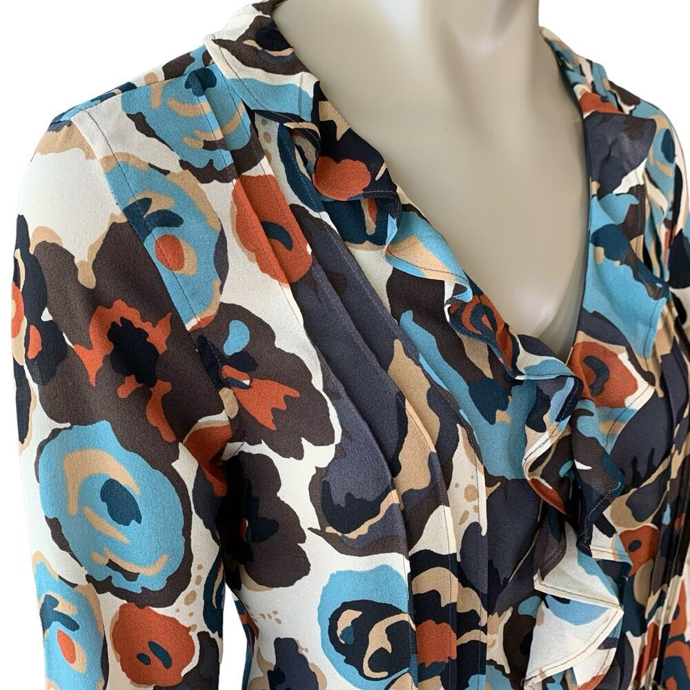 i.e. 100% Silk Floral Ruffled Long Sleeve Chiffon Tops Blouse Size L Multicolor - Picture 7 of 16